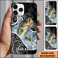 Maxcorners Bass Fishing Tribal Pattern Black White Water Splash Personalized Name Phone Case