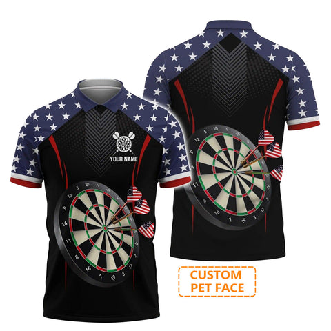 MaxCorners Darts American Flag Black Background Customized Name 3D Polo Shirt For Men