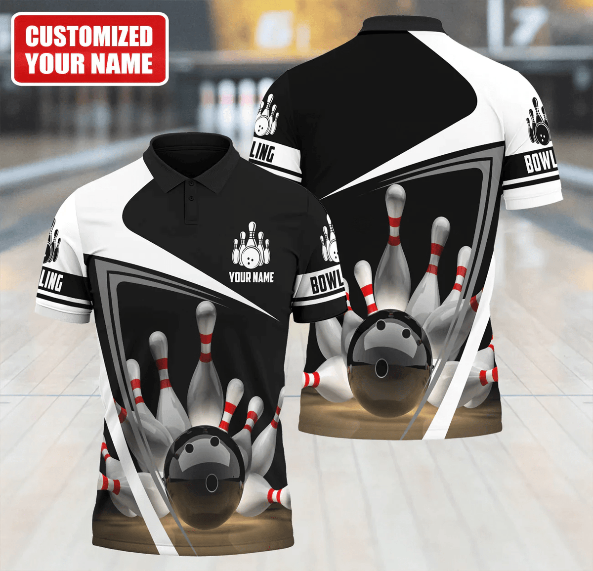 Maxcorners Black And White Bowling Fire 3D Custom Name Shirt