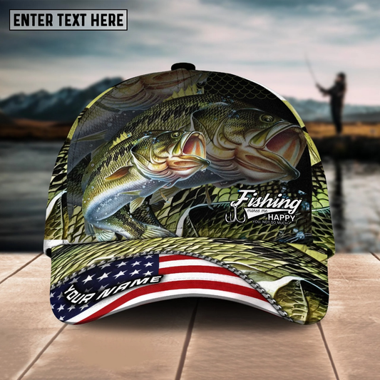 Maxcorners Fishing Fishing Make Me Happy Skinfish Flag Of US Sport Pattern Personalized Name 3D Cap (11 Breeds)