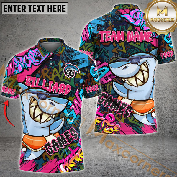 Maxcorners Funny Shark Graffiti Billiard Jersey Customized Name, Team Name 3D Polo Shirt