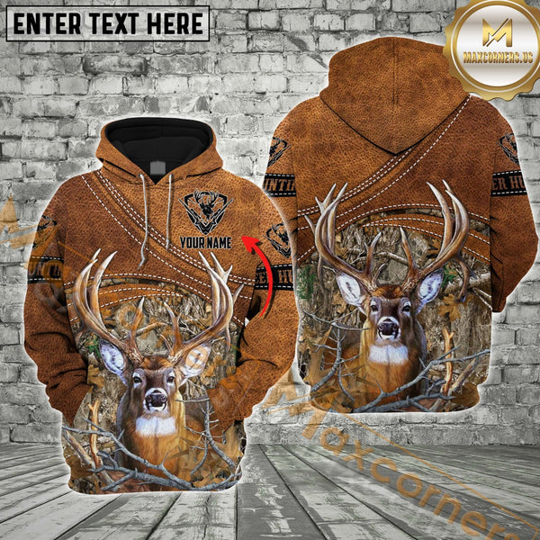 Maxcorners Leather Camo Hunting Custom Name Shirt 3D All Over Printed Clothes (Moose, Deer, Elk, Duck)