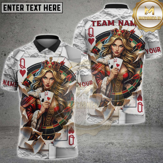 Maxcorners Dart Queen of Hearts Royal Casino Style Personalized Name, Team Name 3D Polo Shirt