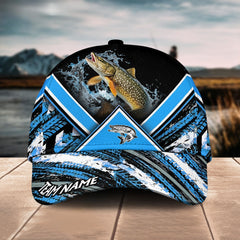 Maxcorners Pike Fishing Blue Tire Triangle Pattern Sport Pattern Personalized Name 3D Cap