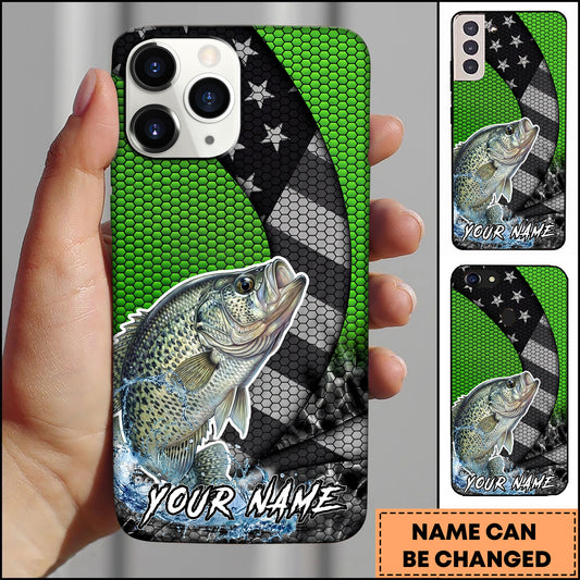 Maxcorners Crappie Fishing Neon Green Honeycomb Wave Splash Personalized Name Phone Case