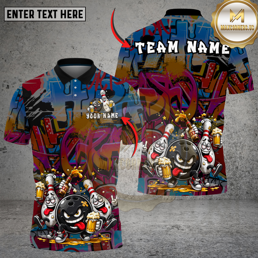 Maxcorners Graffiti Bowling Party Cartoon Style Multicolor Options Personalized Name, Team Name 3D Shirt (4 Colors)