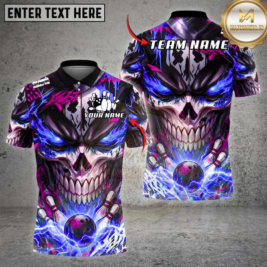 Maxcorners Bowling Shirt Neon Skull Electric Energy Bowling Ball Dark Graphic Multicolor Options Personalized Name, Team Name 3D Shirt (4 Colors)