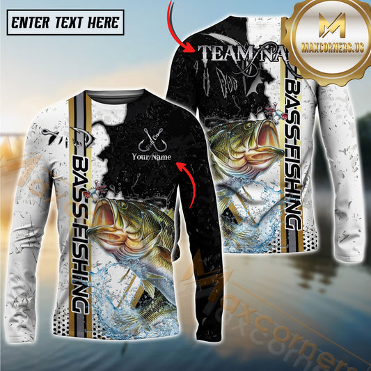 Maxcorners Largemouth Bass Fishing Split Grunge Splash Design Personalized Name, Team Name Long Sleeve Shirt