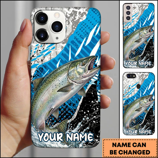 Maxcorners Fishing Jumping Chinook Blue Geometric Splash Art Personalized Name Phone Case