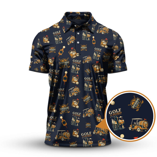 Maxcorners Funny Bourbon Pattern Polos, Golf and Bourbon Shirt for Men, Gift For Golfers