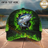 Maxcorners Fishing Green Flame Brick Wall Multi Options Personalized Name 3D Classic Cap (11 Fish Species)