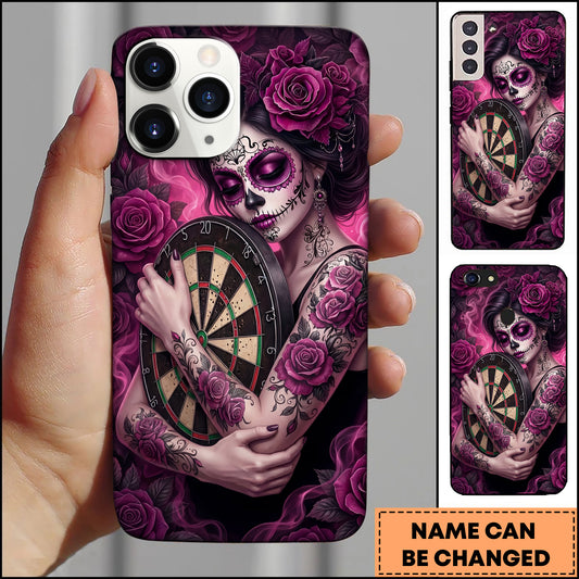 Maxcorners Sugar Skull Girl Dartboard Rose Tattoo Art Multicolor Options Personalized Name 3D Phonecase