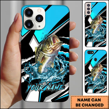 Maxcorners Bass Fishing Blue Black Geometric Lightning Splash Personalized Name Phone Case
