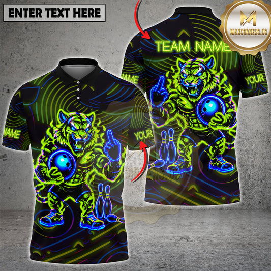 Maxcorners Bowling Tiger Shirt Neon Fire Fierce Tiger Graphic Multicolor Options Personalized Name, Team Name 3D Shirt (2 Colors)