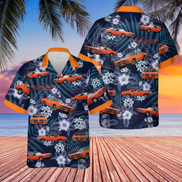 Maxcorners Orange Classic Muscle Car Tropical Floral Hawaiian Shirt