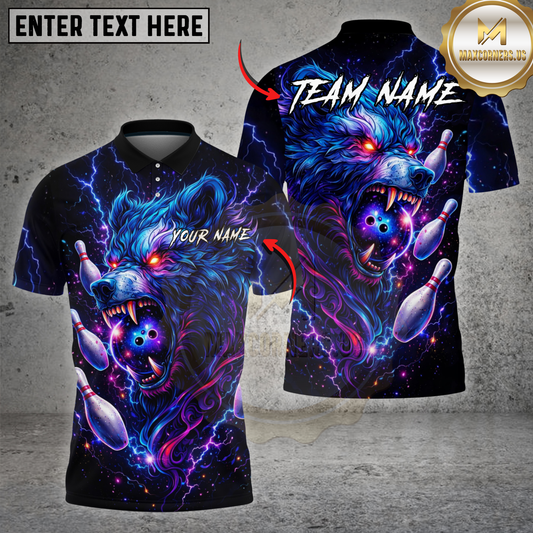 Maxcorners Neon Wolf Bowling Lightning Galaxy Style Multicolor Options Personalized Name, Team Name 3D Shirt (4 Colors)