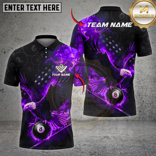 Maxcorners Billiards Shirt Flaming Eagle American Flag Fire Pool Graphic Multicolor Options Personalized Name, Team Name 3D Shirt (4 Colors)