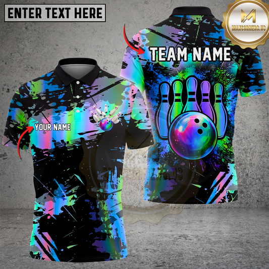 Maxcorners Bowling Shirt Rainbow Splash Paint Strike Artistic Design Multicolor Options Personalized Name, Team Name 3D Shirt (4 Colors)