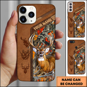 Maxcorners Hunting Phone Case Majestic Whitetail Deer Leather Pocket Style Forest Camo Personalized Name Phone Case | Orange