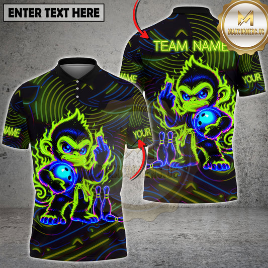 Maxcorners Bowling Monkey Shirt Neon Flame Angry Monkey Cartoon Graphic Multicolor Options Personalized Name, Team Name 3D Shirt (2 Colors)