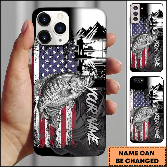 Maxcorners Crappie Fishing Patriotic USA Flag Mountain Angler Silhouette Personalized Name Phone Case