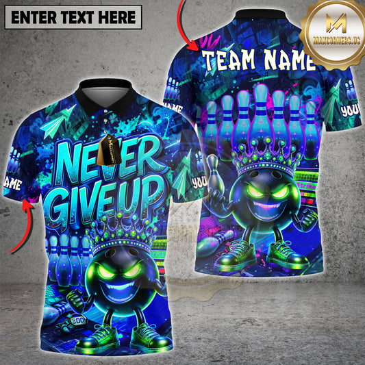 Maxcorners Neon Bowling Ball Never Give Up Graffiti Style Multicolor Options Personalized Name, Team Name 3D Shirt (5 Colors)