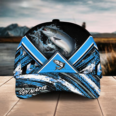 Maxcorners Salmon Fishing Blue Tire Triangle Pattern Sport Pattern Personalized Name 3D Cap