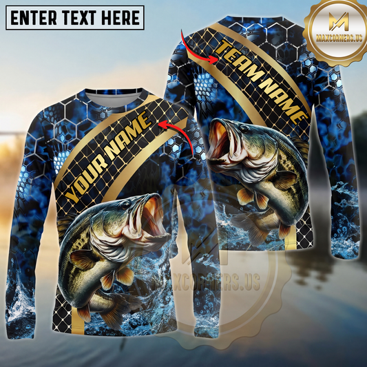 Maxcorners Fishing Honeycomb Water Personalized Name, Team Name Long Sleeve Shirt (9 Fish Species)