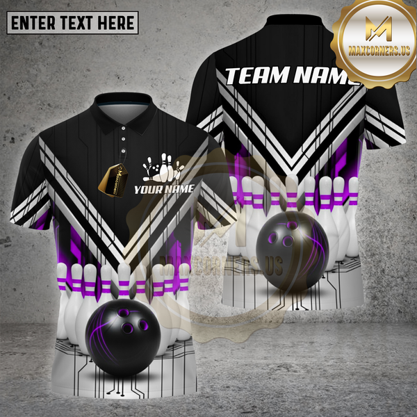 Maxcorners Bowling Shirt – Black White Red V-Stripe Strike Ball & Pins 3D Design – Multi Options Personalized Name, Team Name 3D Shirt