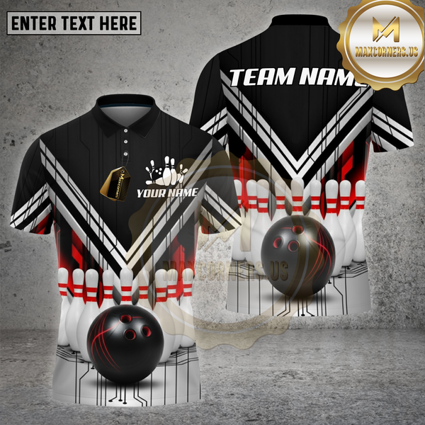 Maxcorners Bowling Shirt – Black White Red V-Stripe Strike Ball & Pins 3D Design – Multi Options Personalized Name, Team Name 3D Shirt