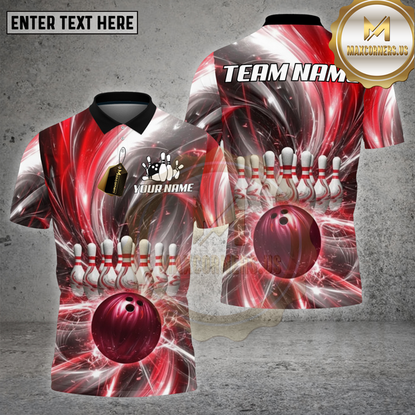Maxcorners Bowling Shirt – Red Lightning Strike Ball & Pins Explosion 3D Design – Personalized Name, Team Name 3D Shirt
