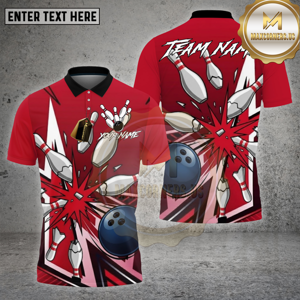 Maxcorners Bowling Shirt – Red Comic Pop-Art Strike Pins & Ball Cartoon Style – Personalized Name, Team Name 3D Shirt