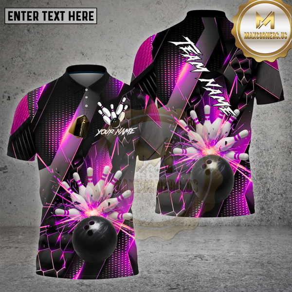 Maxcorners Bowling Shirt – Gold Metallic Pins & Ball Luxury Pattern 3D Design – Personalized Name, Team Name 3D Shirt