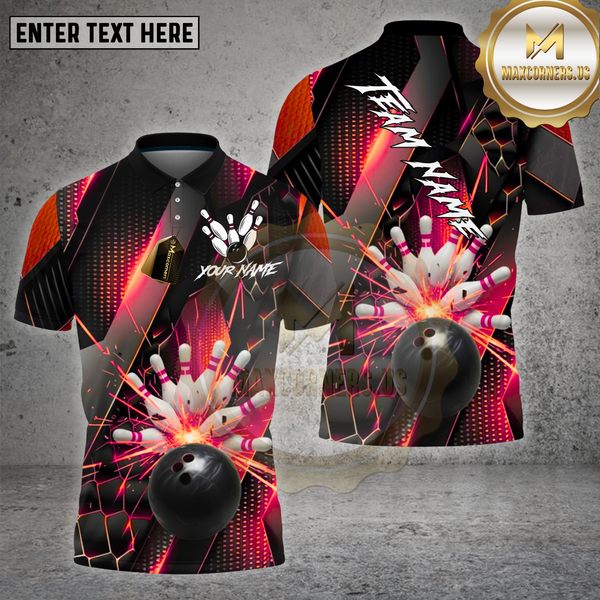 Maxcorners Bowling Shirt – Gold Metallic Pins & Ball Luxury Pattern 3D Design – Personalized Name, Team Name 3D Shirt