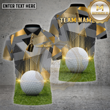 Maxcorners Golf Shirt – Modern Triangle Gold Gray Pattern with Realistic Golf Ball 3D Print – Custom Personalized Name, Team Name Polo