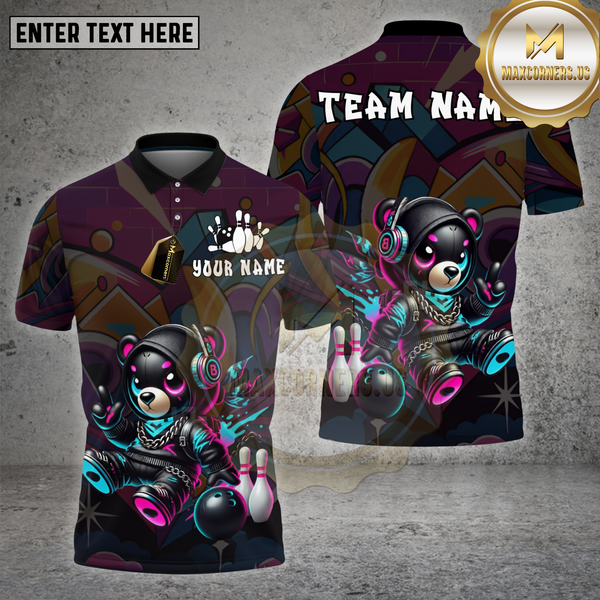 Maxcorners Bowling Shirt – Neon Cyber Bear Graffiti Style with Bowling Pins – Personalized Name, Team Name 3D Shirt