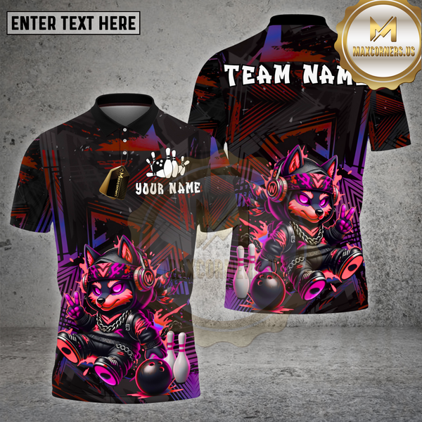 Maxcorners Bowling Shirt – Neon Cyber Wolf Cartoon with Bowling Pins & Ball – Multi Options Personalized Name, Team Name 3D Shirt