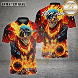 Maxcorners Bowling Shirt – Flaming Skull Strike Ball Fire Explosion 3D Design – Personalized Name, Team Name 3D Shirt
