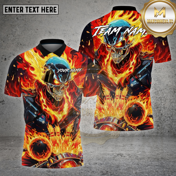 Maxcorners Bowling Shirt – Flaming Skull Strike Ball Fire Explosion 3D Design – Personalized Name, Team Name 3D Shirt