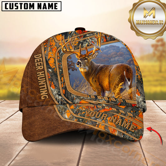 Maxcorners Deer Hunting Landscape Frame Brown Leather Custom Name 3D Cap ( 6 colors)
