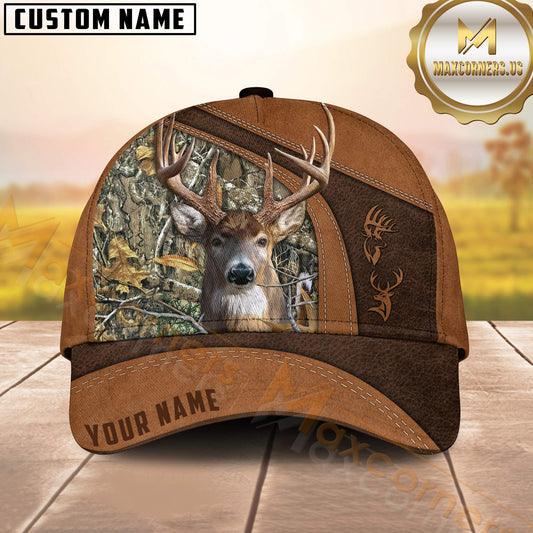 Maxcorners Deer Hunting Brown Leather Accent Forest Scene Custom Name 3D Cap ( 6 colors)