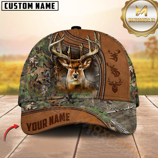 Maxcorners Deer Hunting Leather Edge Natural Camo Custom Name 3D Cap ( 6 colors)