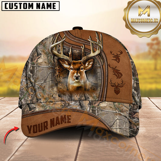 Maxcorners Deer Hunting Leather Edge Natural Camo Custom Name 3D Cap ( 6 colors)