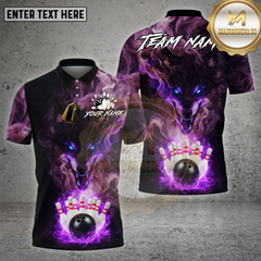 Maxcorners Bowling Shirt Purple Flame Wolf Bowling Strike Multioptions Personalized Name, Team Name Unisex 3D Shirt