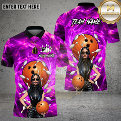 Maxcorners Bowling Shirt Gothic Girl Orange Ball Blue Galaxy Background Multi Options Personalized Name, Team Name 3D Shirt