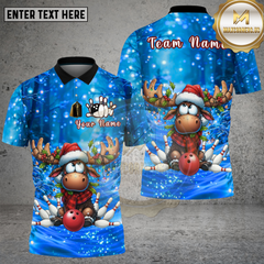 Maxcorners Bowling Shirt Christmas Moose Red Scarf Blue Snow Lights Theme Multi Options Personalized Name, Team Name 3D Shirt