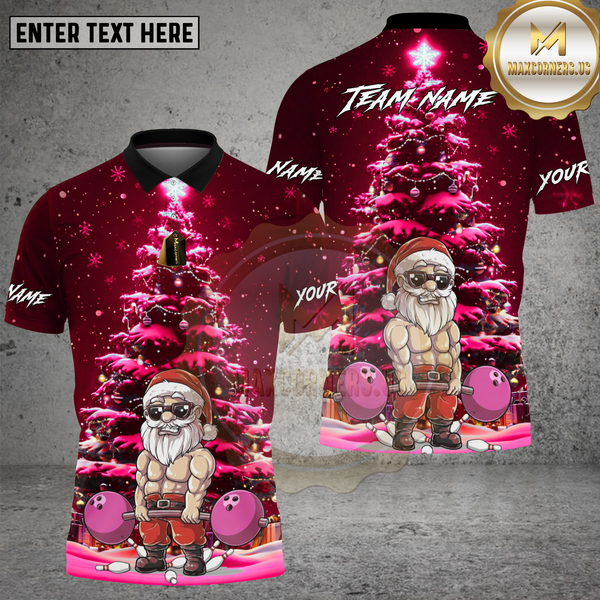 Maxcorners Bowling Shirt Muscular Santa Christmas Tree Night Scene Multi Options Personalized Name, Team Name 3D Shirt