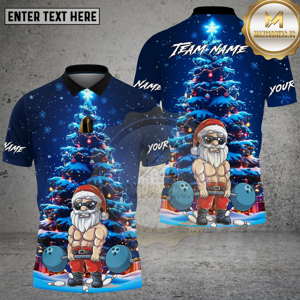 Maxcorners Bowling Shirt Muscular Santa Christmas Tree Night Scene Multi Options Personalized Name, Team Name 3D Shirt