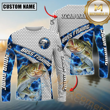 Maxcorners Largemouth Bass Fishing Honeycomb Electric Water Splash Personalized Name, Team Name Long Sleeve Shirt
