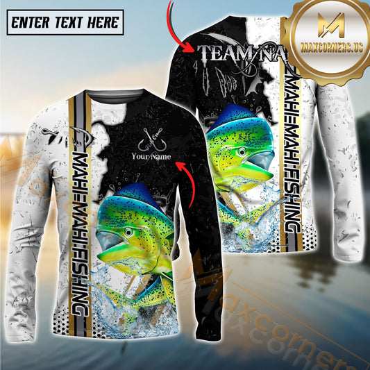 Maxcorners Mahi-mahi Fishing Split Grunge Splash Design Personalized Name, Team Name Long Sleeve Shirt